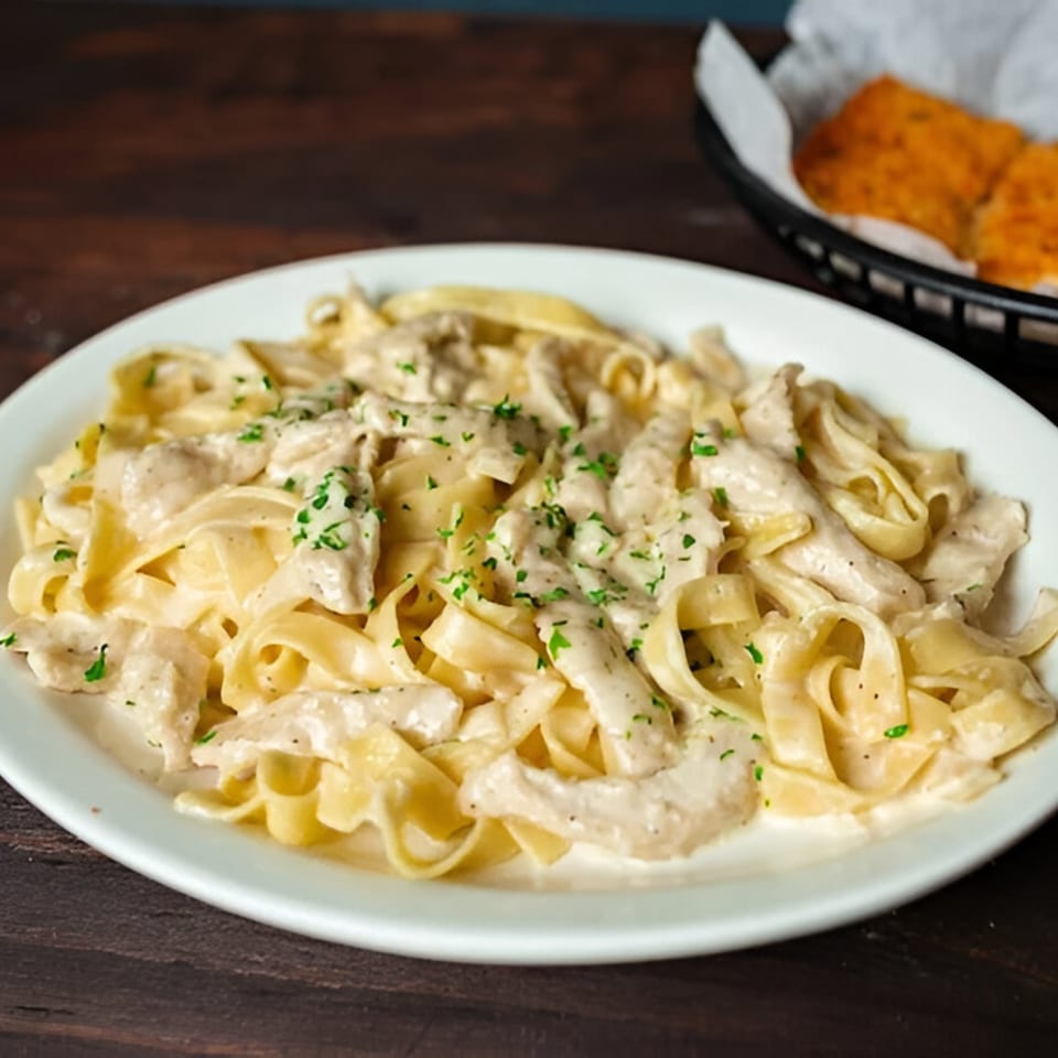 Creamy chicken alfredo pasta with parsley on a white plate, with garlic knots in the background.