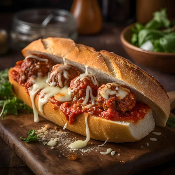 Primo Brothers Pizza meatball sub with melted cheese and marinara sauce on a wooden board.
