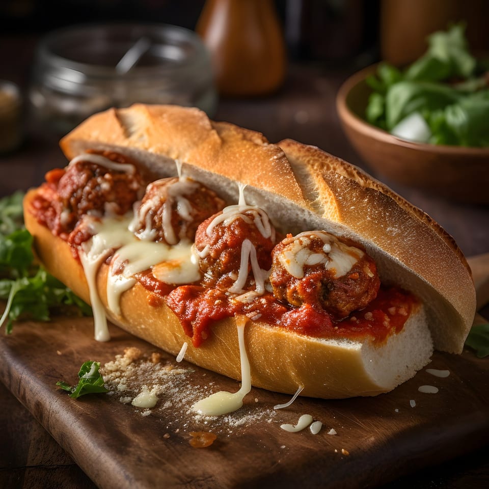 Primo Brothers Pizza meatball sub with melted cheese and marinara sauce on a wooden board.